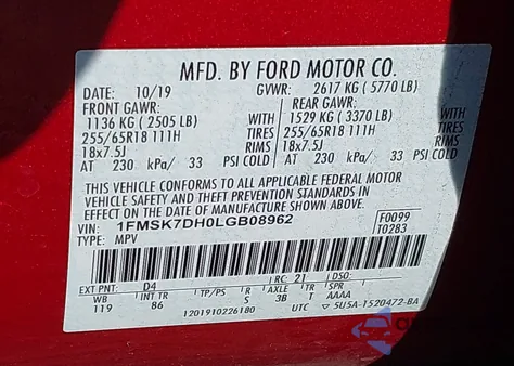 2020 Ford Explorer Xlt из США, поврежденный, VIN 1FMSK7DH0LGB08962